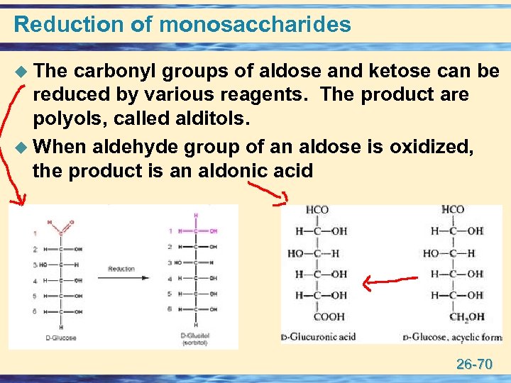 Reduction of monosaccharides u The carbonyl groups of aldose and ketose can be reduced