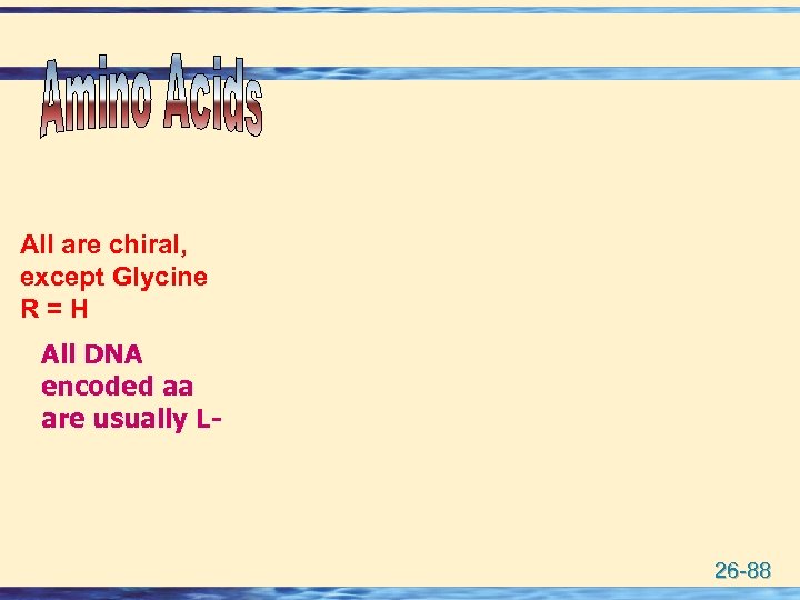 All are chiral, except Glycine R = H All DNA encoded aa are usually
