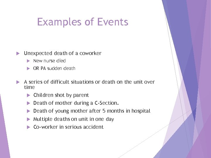 Examples of Events Unexpected death of a coworker New nurse died OR PA sudden