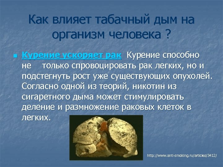 Как влияет табачный дым на организм человека ? n Курение ускоряет рак Курение способно