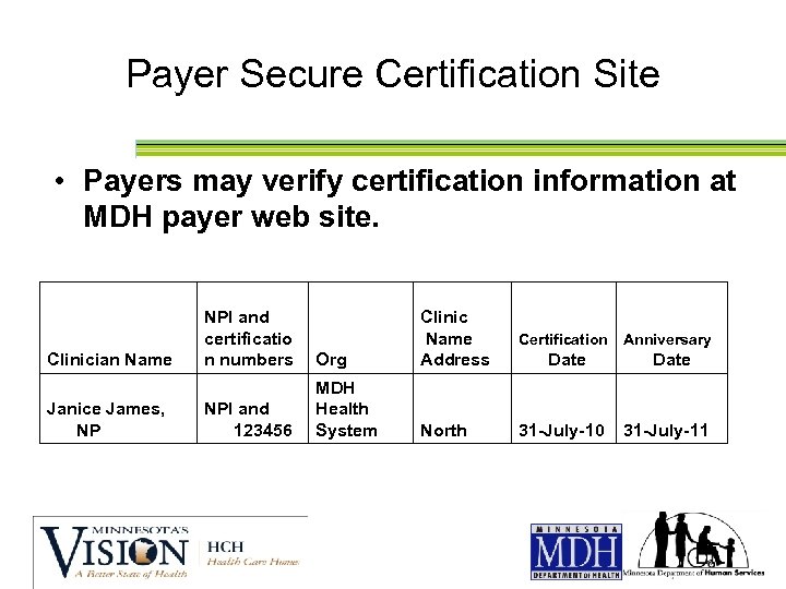 Payer Secure Certification Site • Payers may verify certification information at MDH payer web