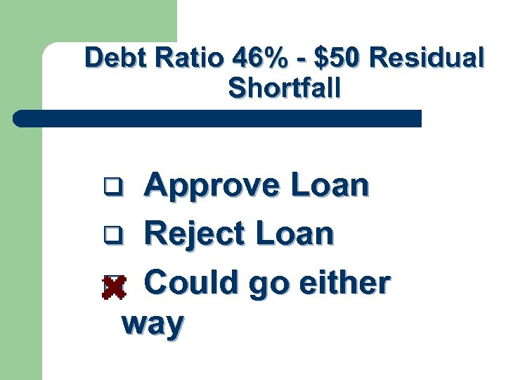 Debt Ratio 46% - $50 Residual Shortfall Approve Loan q Reject Loan q Could
