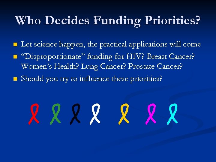 Who Decides Funding Priorities? n n n Let science happen, the practical applications will