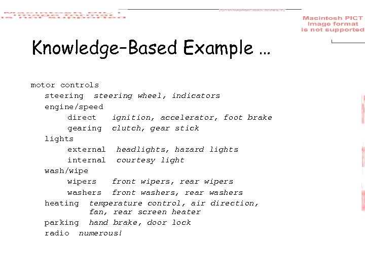 Knowledge–Based Example … motor controls steering wheel, indicators engine/speed direct ignition, accelerator, foot brake