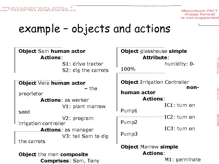 example – objects and actions Object Sam human actor Actions: S 1: drive tractor