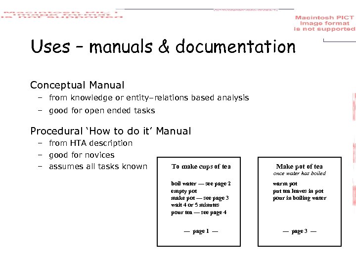 Uses – manuals & documentation Conceptual Manual – from knowledge or entity–relations based analysis