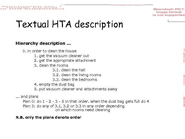 Textual HTA description Hierarchy description. . . 0. in order to clean the house