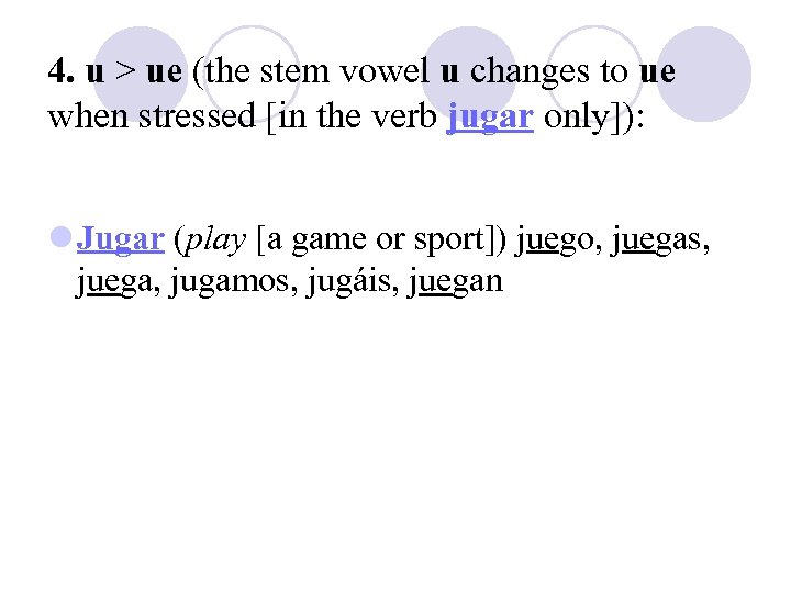 4. u > ue (the stem vowel u changes to ue when stressed [in