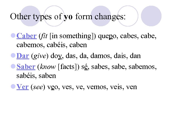Other types of yo form changes: l Caber (fit [in something]) quepo, cabes, cabe,