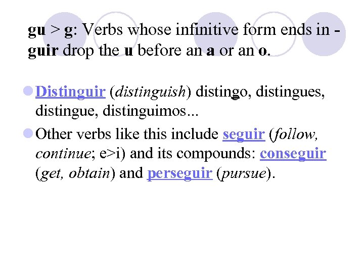 gu > g: Verbs whose infinitive form ends in guir drop the u before