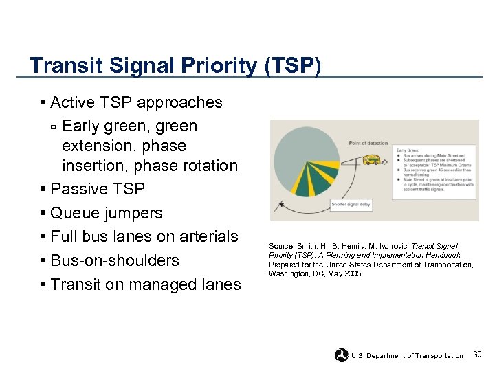 Transit Signal Priority (TSP) § Active TSP approaches □ Early green, green extension, phase