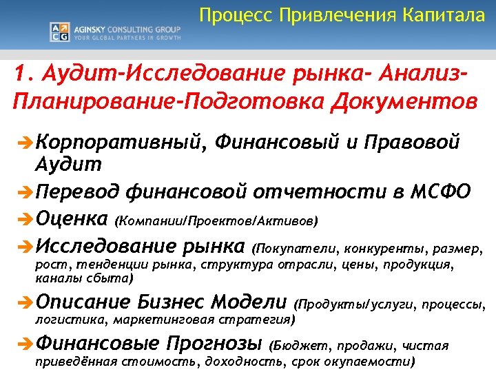 Процесс Привлечения Капитала 1. Аудит-Исследование рынка- Анализ. Планирование-Подготовка Документов è Корпоративный, Финансовый и Правовой