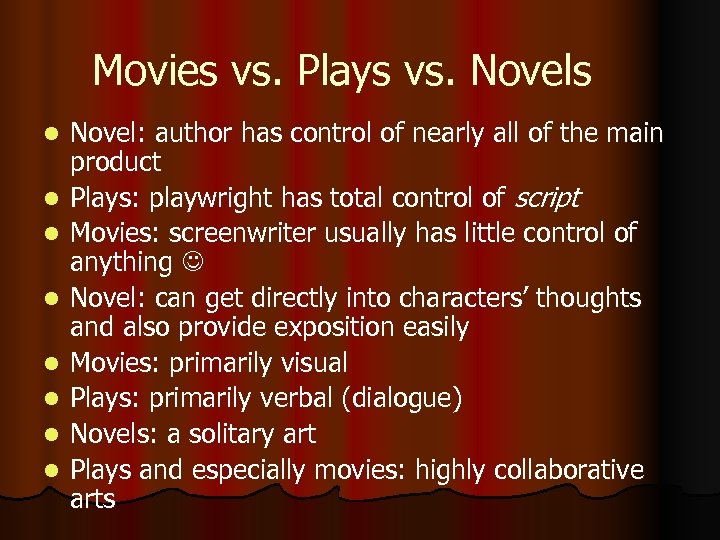 Movies vs. Plays vs. Novels l l l l Novel: author has control of
