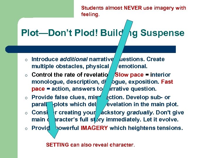 Students almost NEVER use imagery with feeling. Plot—Don’t Plod! Building Suspense o o o