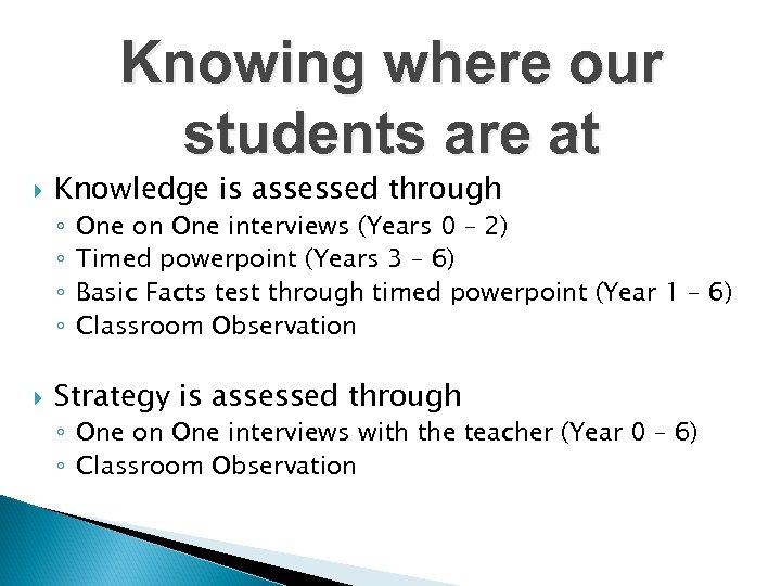 Knowing where our students are at Knowledge is assessed through ◦ ◦ One on