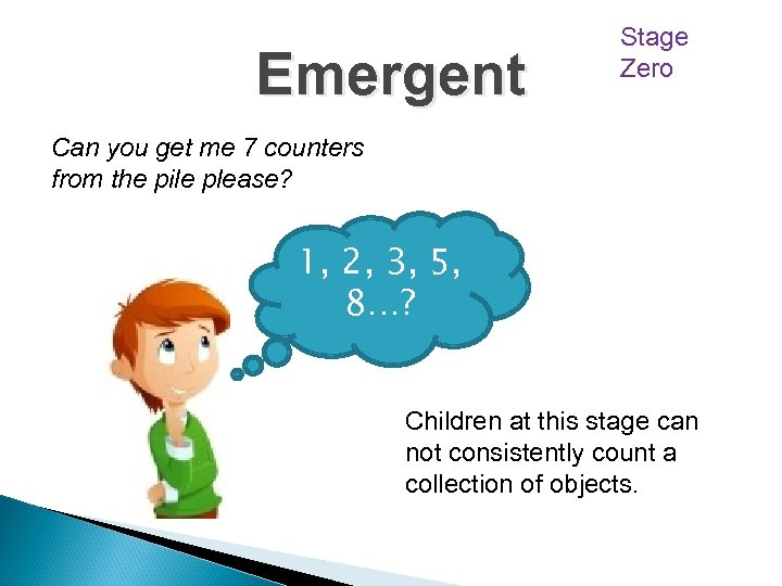 Emergent Stage Zero Can you get me 7 counters from the pile please? 1,