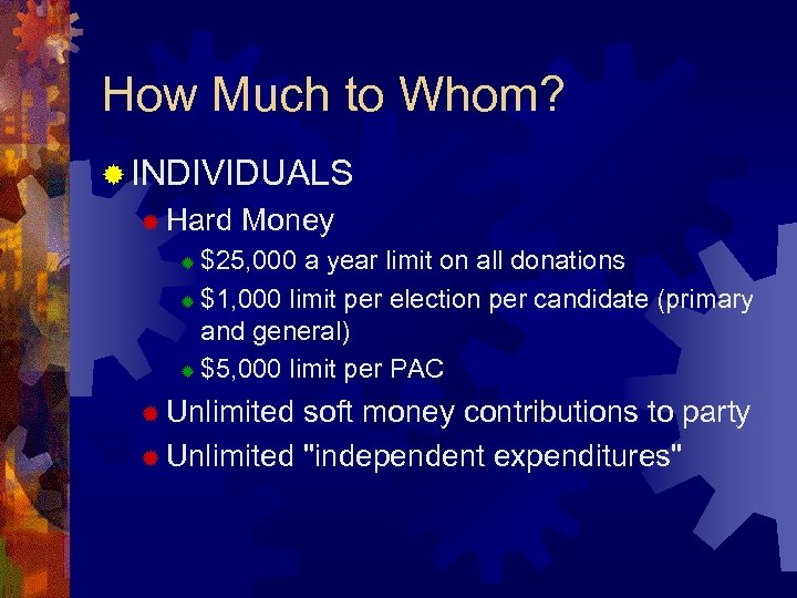 How Much to Whom? ® INDIVIDUALS ® Hard Money $25, 000 a year limit