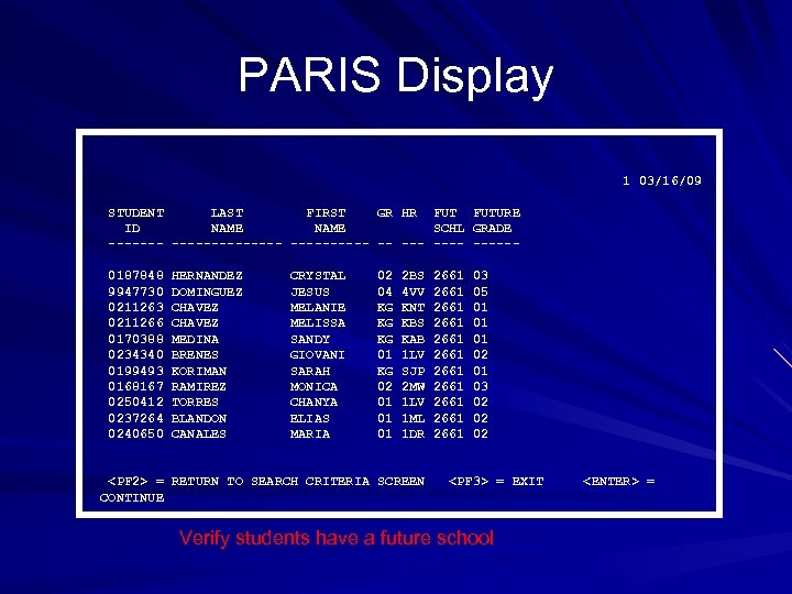 PARIS Display 1 03/16/09 STUDENT LAST FIRST GR HR FUTURE ID NAME SCHL GRADE