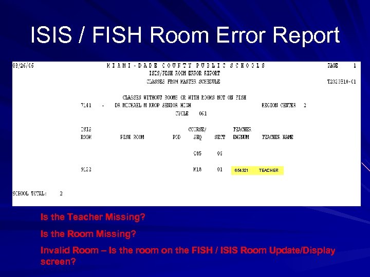 ISIS / FISH Room Error Report 654321 TEACHER Is the Teacher Missing? Is the