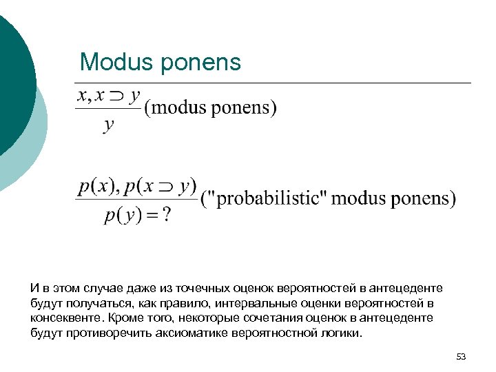 Modus ponens И в этом случае даже из точечных оценок вероятностей в антецеденте будут