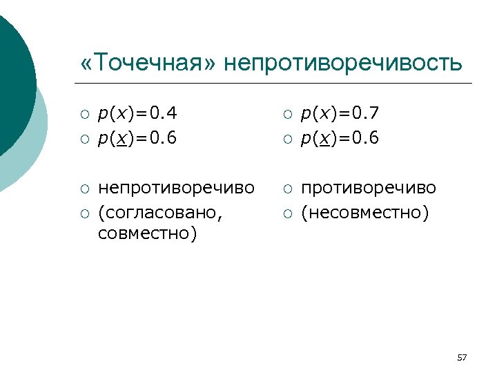  «Точечная» непротиворечивость ¡ ¡ p(x)=0. 4 p(x)=0. 6 ¡ непротиворечиво (согласовано, совместно) ¡
