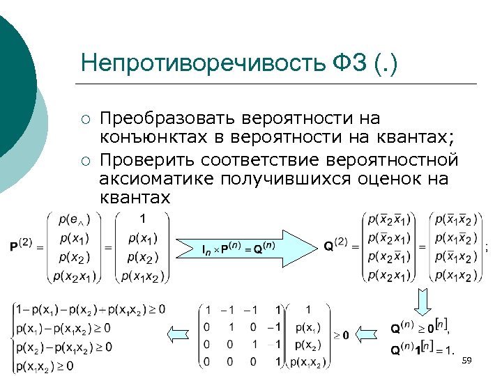 Непротиворечивость ФЗ (. ) ¡ ¡ Преобразовать вероятности на конъюнктах в вероятности на квантах;