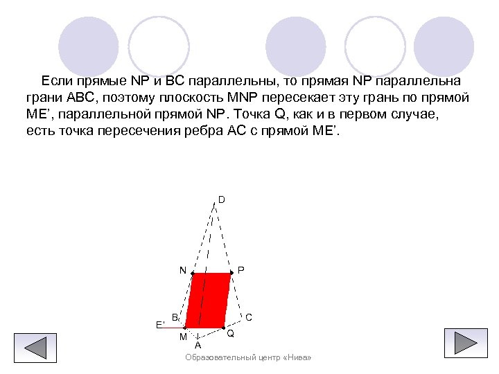 Если прямые NP и BC параллельны, то прямая NP параллельна грани ABC, поэтому плоскость