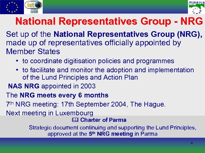 National Representatives Group - NRG Set up of the National Representatives Group (NRG), made