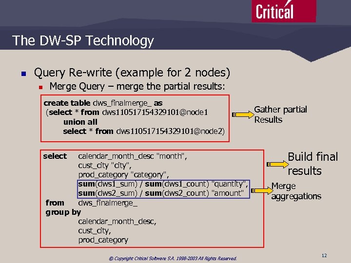 The DW-SP Technology n Query Re-write (example for 2 nodes) n Merge Query –