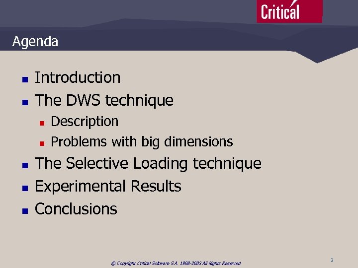 Agenda n n Introduction The DWS technique n n n Description Problems with big