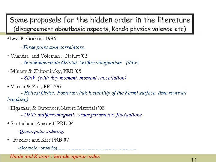 Some proposals for the hidden order in the literature (disagreement aboutbasic aspects, Kondo physics