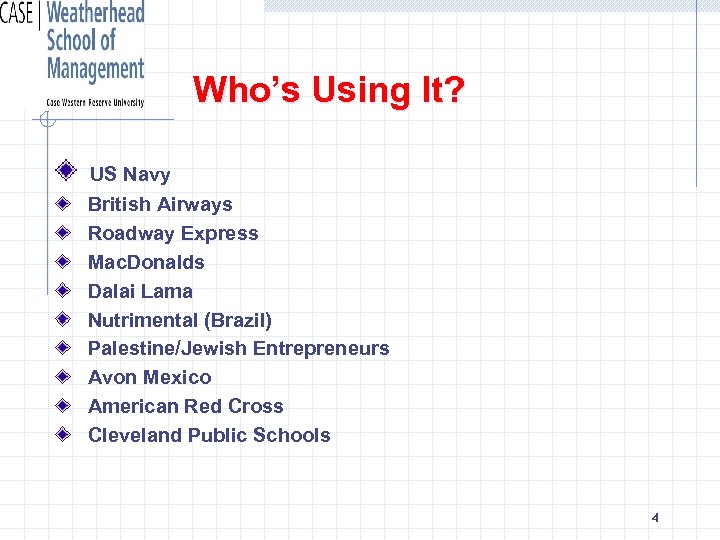 Who’s Using It? US Navy British Airways Roadway Express Mac. Donalds Dalai Lama Nutrimental
