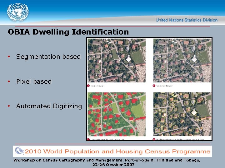 OBIA Dwelling Identification • Segmentation based • Pixel based • Automated Digitizing Workshop on