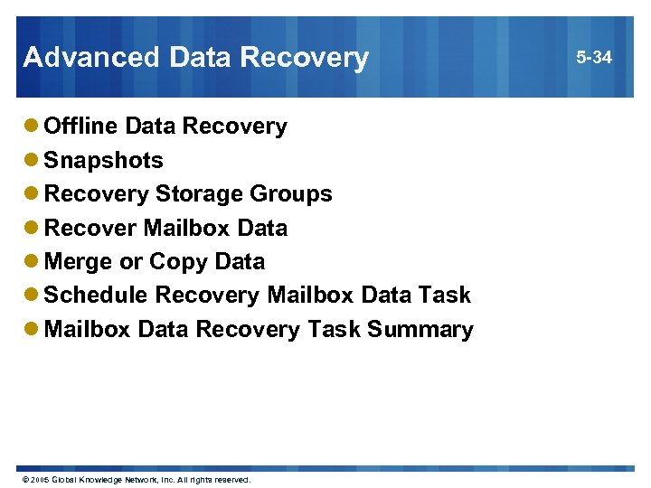 Advanced Data Recovery l Offline Data Recovery l Snapshots l Recovery Storage Groups l