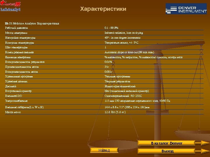 Характеристики IR-35 Moisture Analyzer Характеристики Рабочий диапазон 0. 1 - 99. 9% Метод измерения