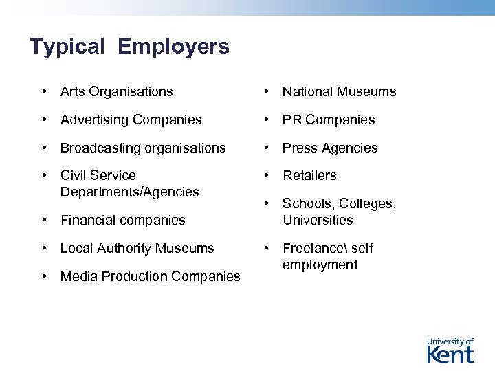 Typical Employers • Arts Organisations • National Museums • Advertising Companies • PR Companies