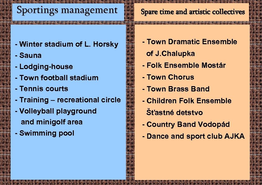 Sportings management - Winter stadium of L. Horsky - Sauna - Lodging-house - Town