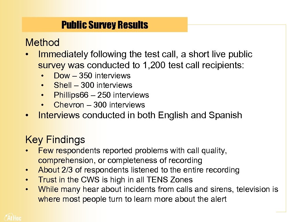 Public Survey Results Method • Immediately following the test call, a short live public