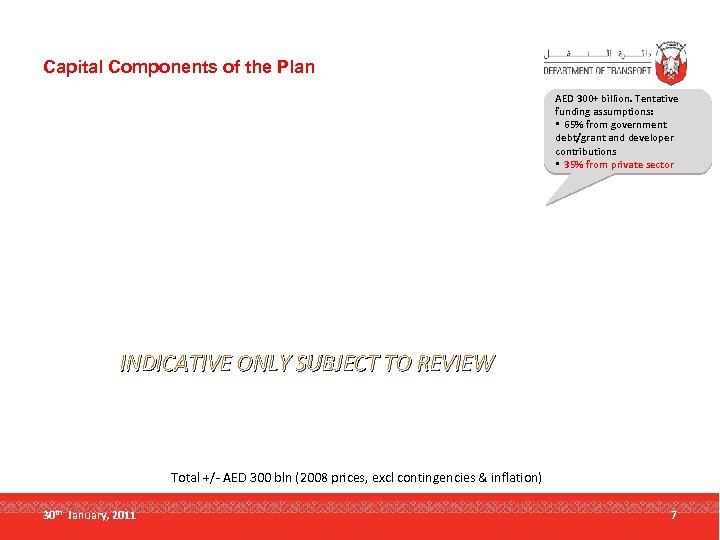 Capital Components of the Plan AED 300+ billion. Tentative funding assumptions: • 65% from