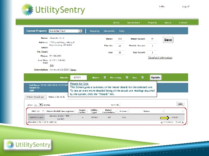 Meters for Unit This Screen gives a summary of the meter details for the