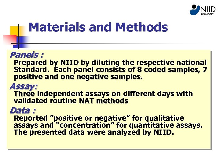 Materials and Methods Panels : Prepared by NIID by diluting the respective national Standard.
