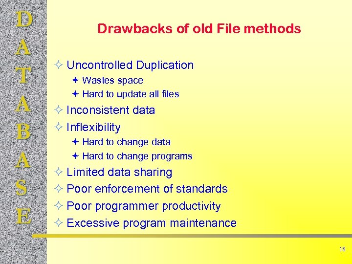 D A T A B A S E Drawbacks of old File methods ²