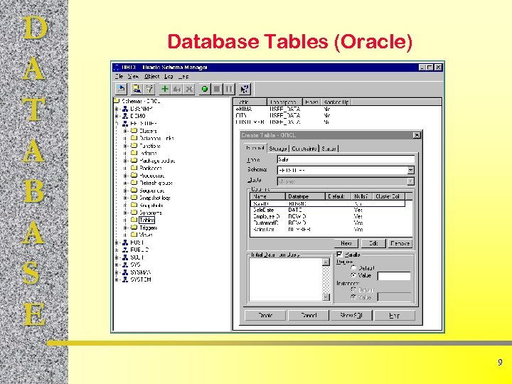 D A T A B A S E Database Tables (Oracle) 9 
