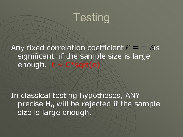 Testing Any fixed correlation coefficient is significant if the sample size is large enough.