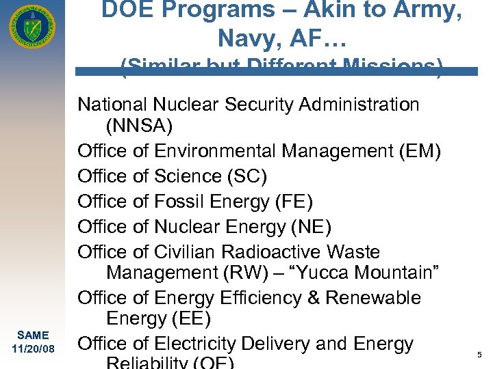 DOE Programs – Akin to Army, Navy, AF… (Similar but Different Missions) SAME 11/20/08