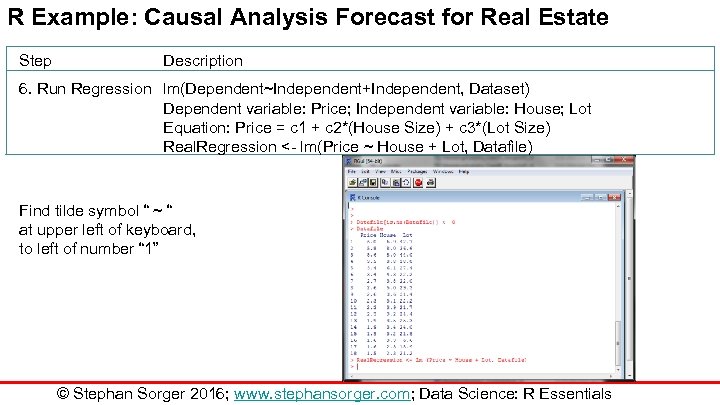 R Example: Causal Analysis Forecast for Real Estate Step Description 6. Run Regression lm(Dependent~Independent+Independent,