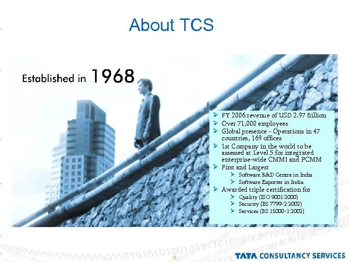About TCS Ø FY 2006 revenue of USD 2. 97 Billion Ø Over 71,