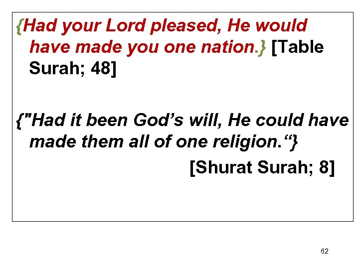 {Had your Lord pleased, He would have made you one nation. } [Table Surah;
