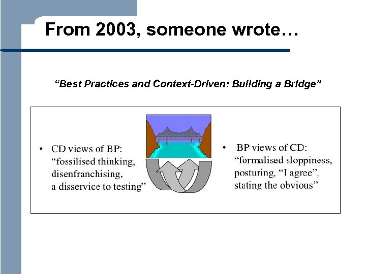 From 2003, someone wrote… “Best Practices and Context-Driven: Building a Bridge” 