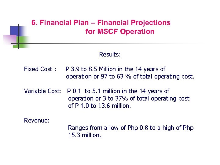 6. Financial Plan – Financial Projections for MSCF Operation Results: Fixed Cost : P